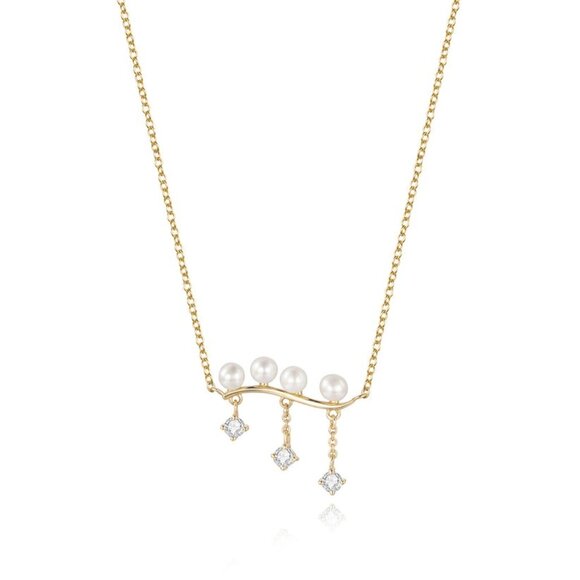 AdornA Jewelry - Curved Bar Pearl Round Diamond 14K Yellow Gold Necklace